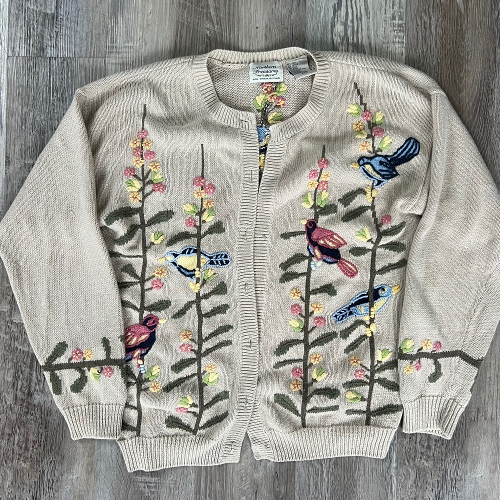 Northern Treasures Embroidered Birds/Floral Cardigan- Size Medium